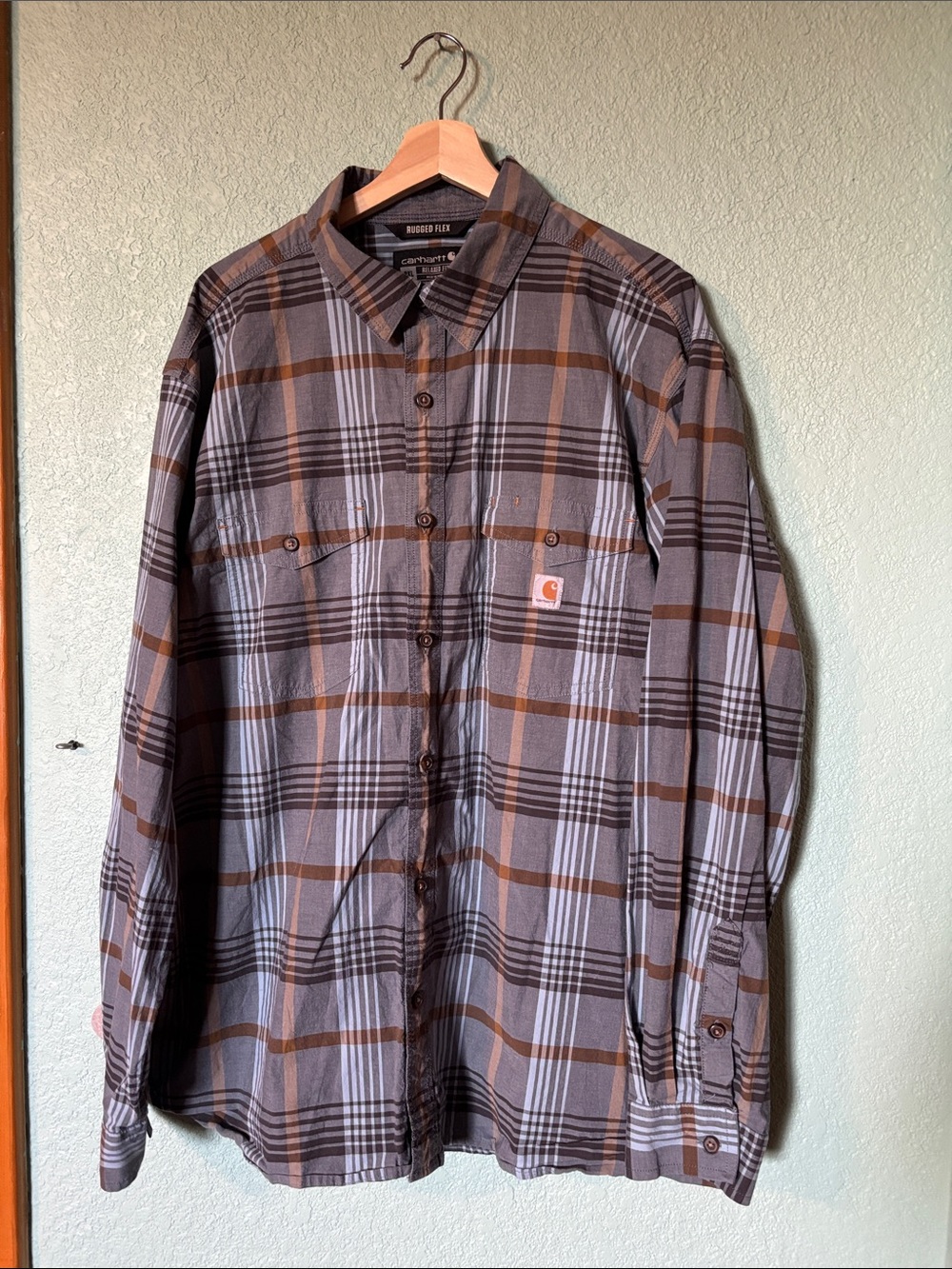 Carhartt Men's Gray Blue and Brown Plaid Long Sleeve Button-Down Shirt Size 2XL
